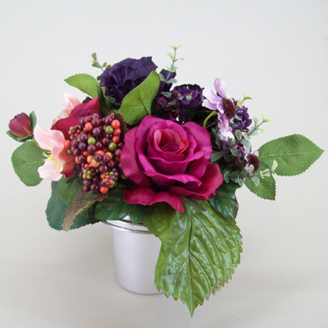 Silk Flowers Filled Grave Pot Wine Silk Rose and Berries Memorial Flowers